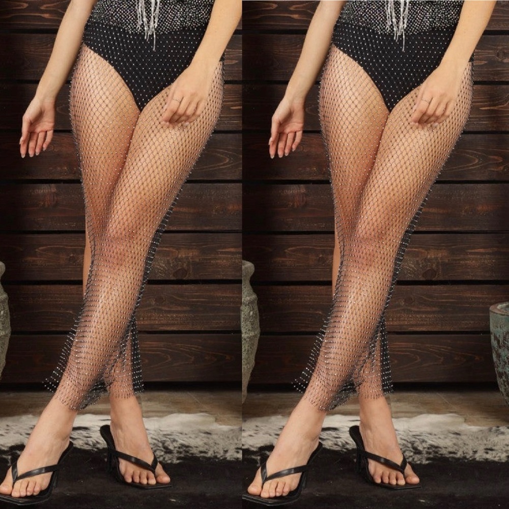 Rhinestone Mesh Fishnet Maxi Skirt in Black/Silver